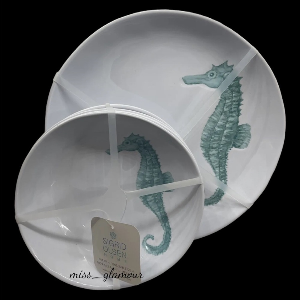 COPY - x8 Sigrid Olsen Sea Life Aqua Seahorse Melamine 4 Dinner Plates 4 Cereal…